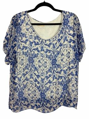 Giusy Made in Italy Silk Blend Blue White Baroque Print Layered Blouse Large